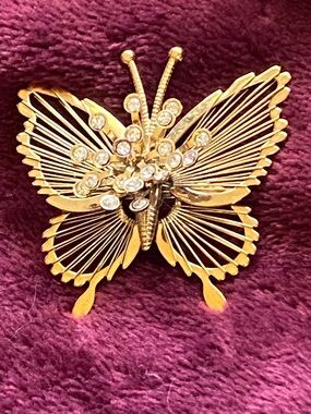 Vintage Monet Gold tone Butterfly Brooch with cluster of Clear Crystals